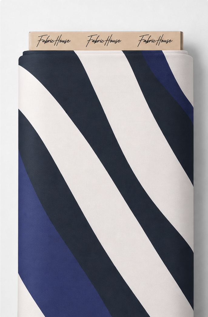 Navy Ivory Curved Stripes crepe full roll