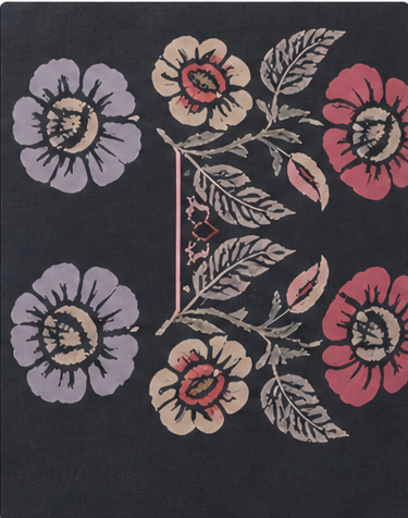 Colorful Folk Floral on Black crepe, print close up