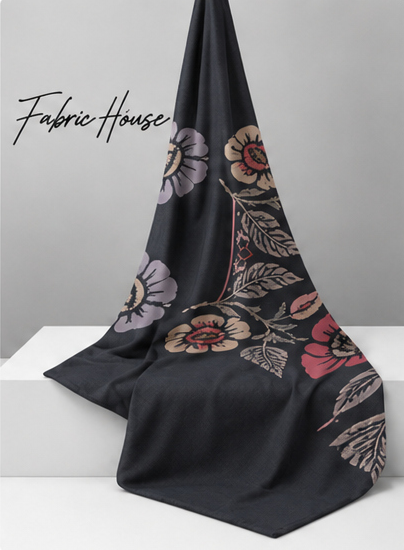 Colorful Folk Floral on Black crepe draped to show fall