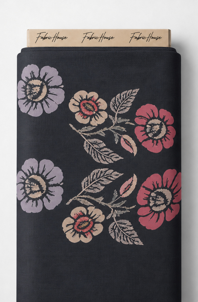 Colorful Folk Floral on Black crepe full roll
