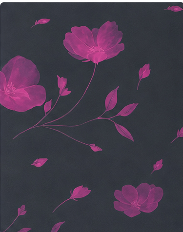 Fuchsia Floral on Charcoal crepe, print close up