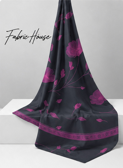 Fuchsia Floral on Charcoal crepe draped to show fall