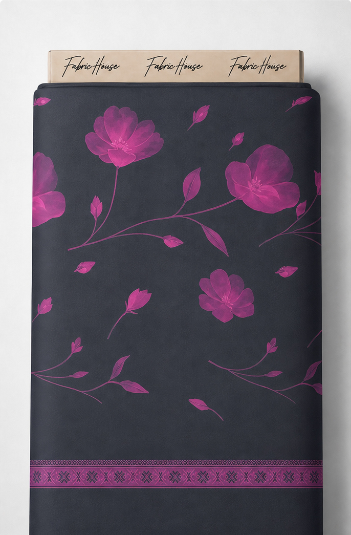 Fuchsia Floral on Charcoal crepe full roll
