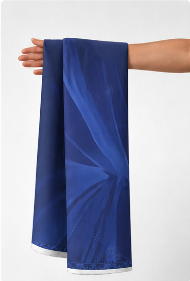 Royal Blue Draped Abstract crepe held in hand for scale