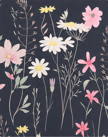 Pastel Wildflower on Navy crepe, print close up
