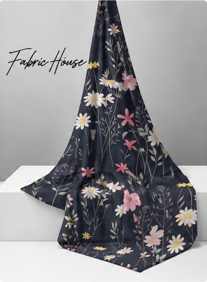 Pastel Wildflower on Navy crepe draped to show fall