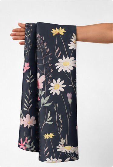 Pastel Wildflower on Navy crepe held in hand for scale