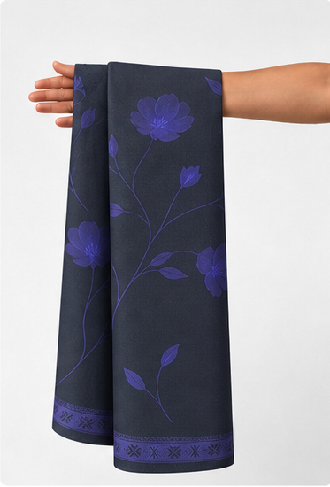 Cobalt Blue Floral on Navy crepe held in hand for scale