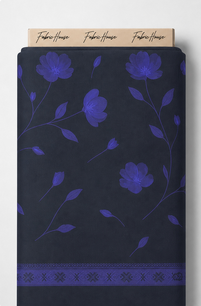 Cobalt Blue Floral on Navy crepe full roll