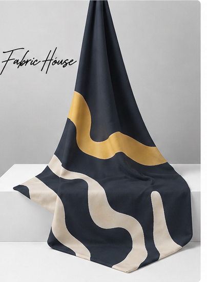 Mustard Abstract Waves on Black crepe draped to show fall
