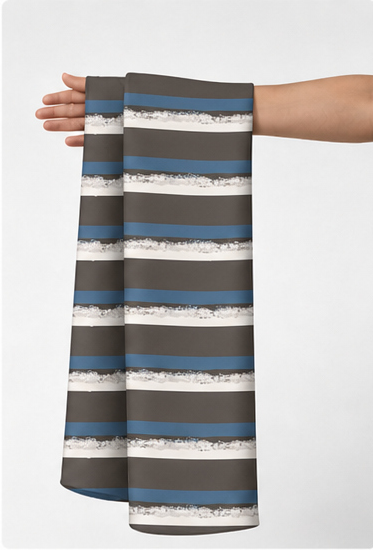 Blue Beige Textured Stripes crepe held in hand for scale