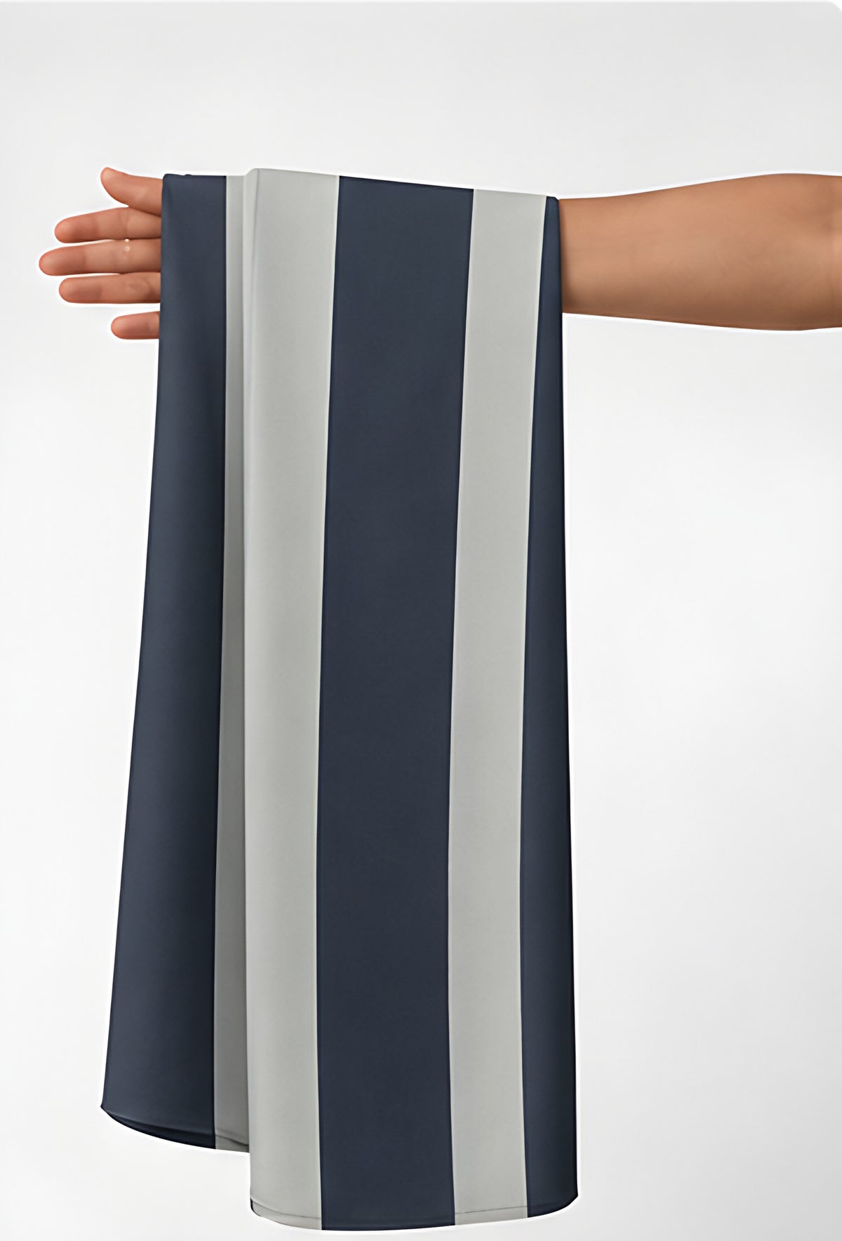 Navy Grey Broad Stripes crepe held in hand for scale