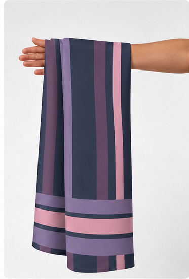 Mauve Geometric Stripe Blocks crepe held in hand for scale