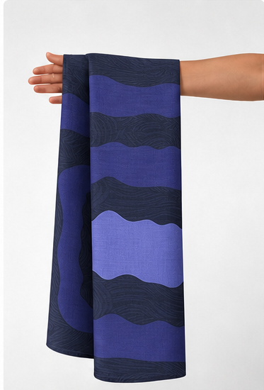 Indigo Layered Square Motif crepe held in hand for scale