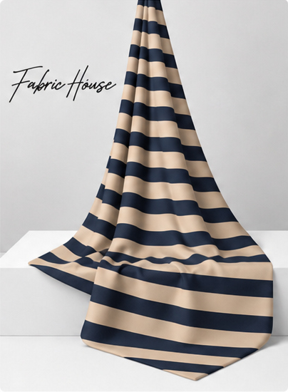 Beige and Navy Horizontal Stripes crepe draped to show fall