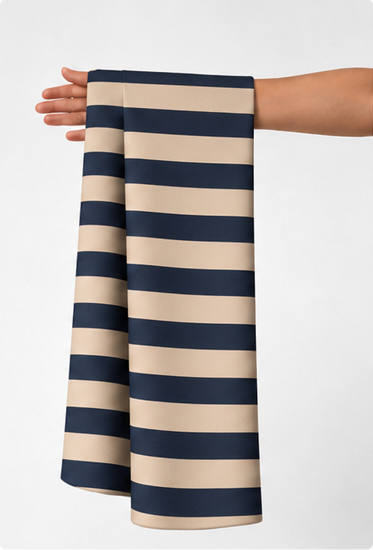 Beige and Navy Horizontal Stripes crepe held in hand for scale