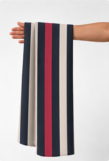 Navy Red Accent Stripes crepe held in hand for scale
