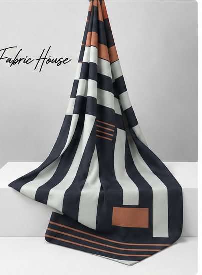 Navy Ivory Modern Geometry crepe draped to show fall