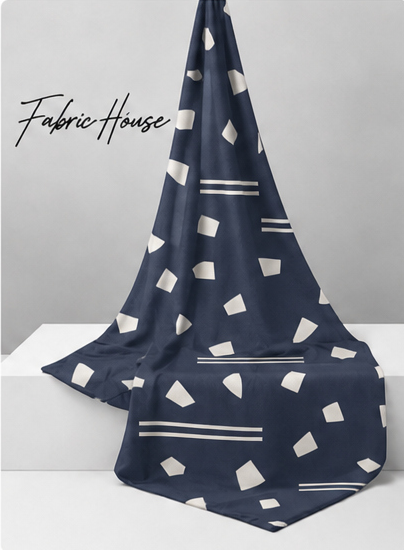 Ivory Abstract Confetti on Navy crepe draped to show fall