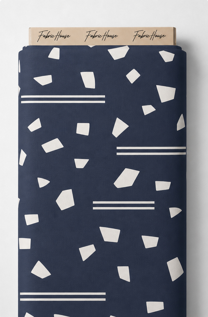 Ivory Abstract Confetti on Navy crepe full roll