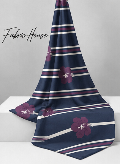 Plum Floral Navy Stripes crepe draped to show fall