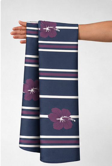 Plum Floral Navy Stripes crepe held in hand for scale