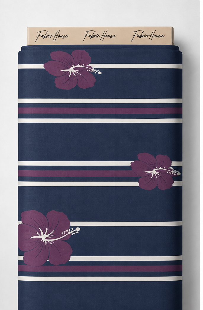 Plum Floral Navy Stripes crepe full roll