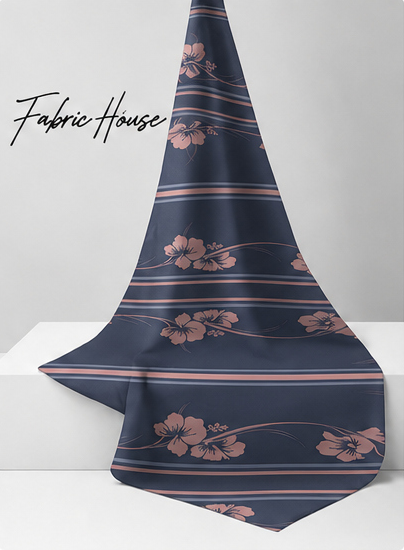 Navy Rose Floral Stripe crepe draped to show fall