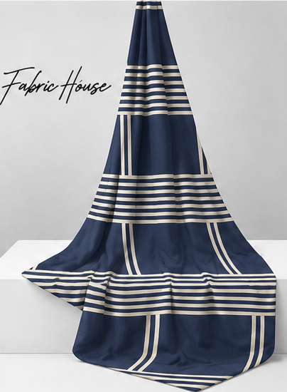 Navy Ivory Grid Stripes crepe draped to show fall