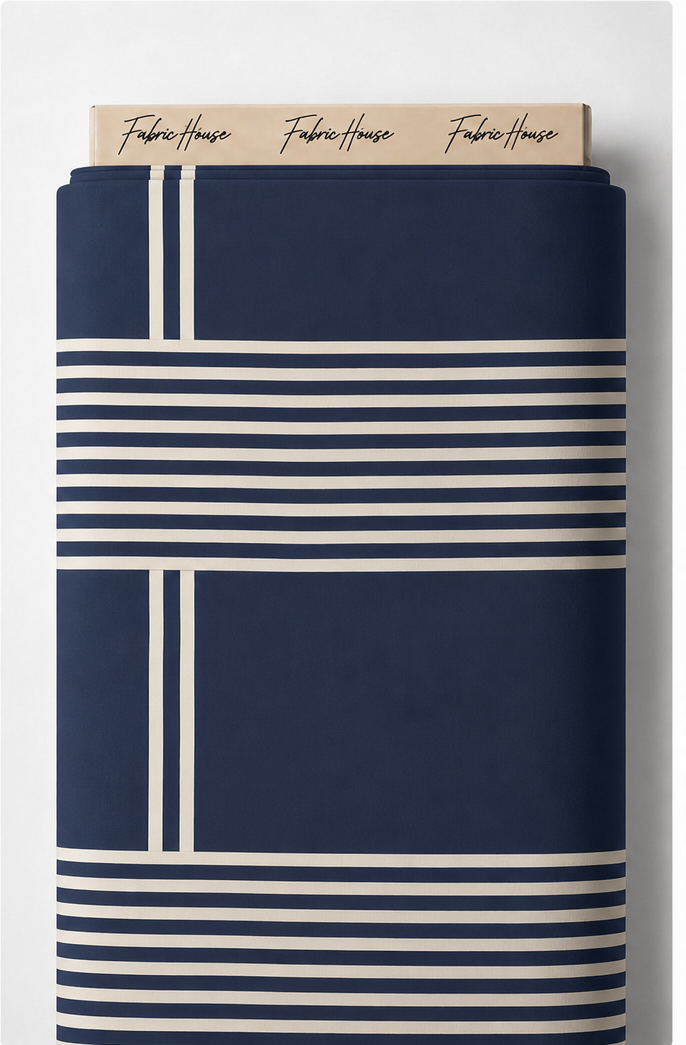 Navy Ivory Grid Stripes crepe full roll