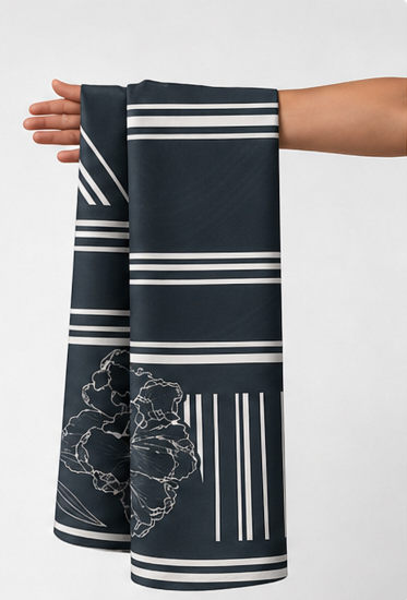 Black White Floral Geometry crepe held in hand for scale