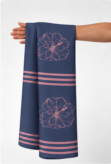 Navy Burgundy Floral Bands crepe held in hand for scale