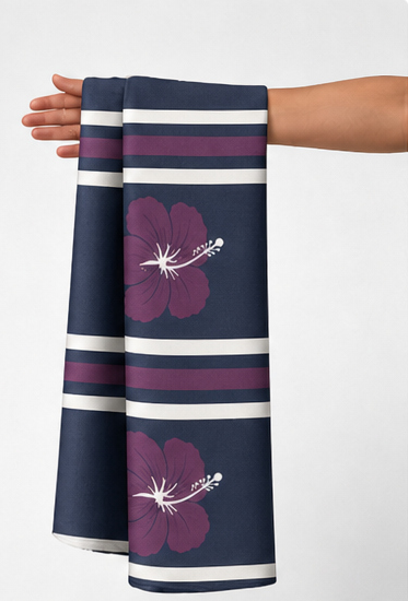Navy Plum Blossom Stripes crepe held in hand for scale