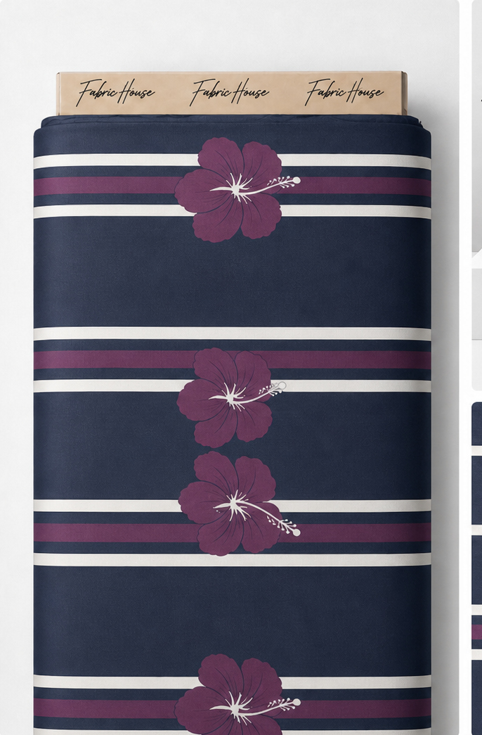 Navy Plum Blossom Stripes crepe full roll