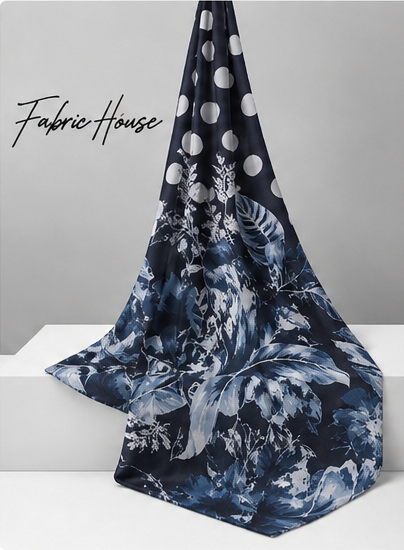 Deep Blue Printed Crepe 052 crepe draped to show fall