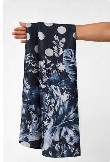 Deep Blue Printed Crepe 052 crepe held in hand for scale