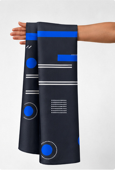 Deep Blue Printed Crepe 061 crepe held in hand for scale