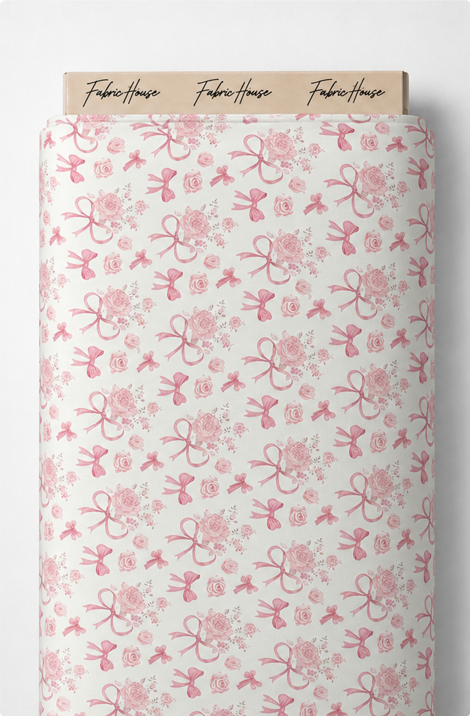 Soft Pink Floral Bows poly-cotton full roll