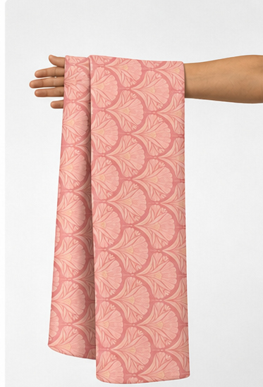 Coral Pink Fan Leaves poly-cotton held in hand for scale