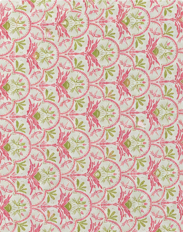 Pink and Green Botanical Scroll poly-cotton, print close up