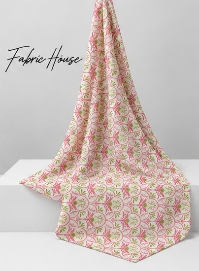 Pink and Green Botanical Scroll poly-cotton draped to show fall