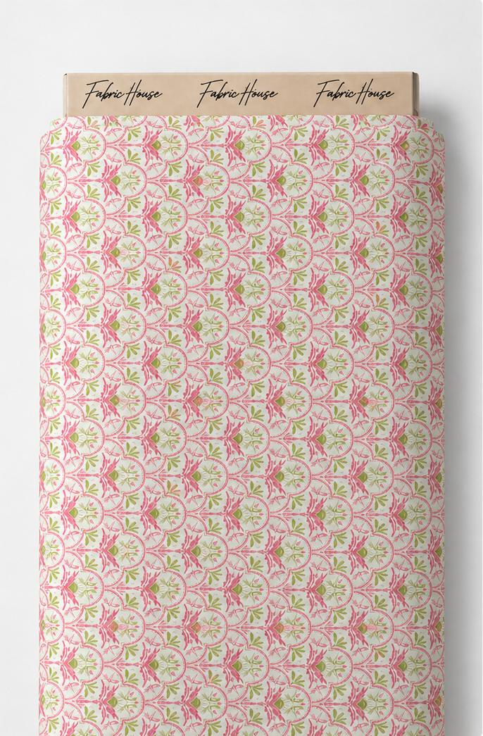 Pink and Green Botanical Scroll poly-cotton full roll