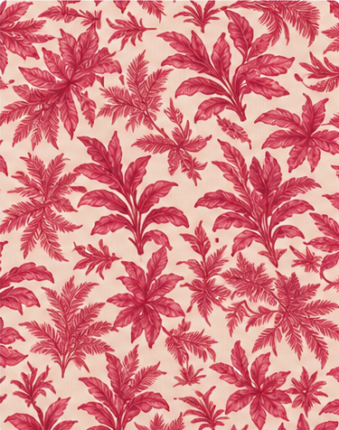 Raspberry Red Tropical Foliage poly-cotton, print close up