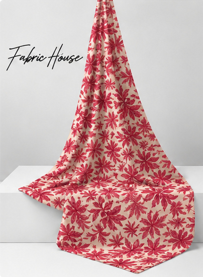 Raspberry Red Tropical Foliage poly-cotton draped to show fall