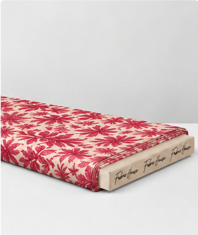 Raspberry Red Tropical Foliage poly-cotton folded