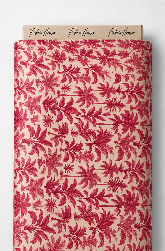 Raspberry Red Tropical Foliage poly-cotton full roll