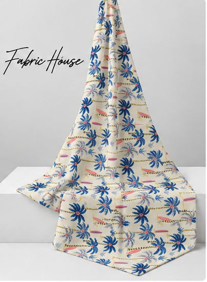 Cobalt Blue Tropical Palms poly-cotton draped to show fall