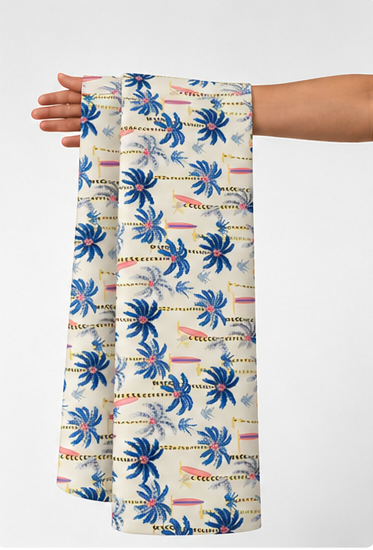 Cobalt Blue Tropical Palms poly-cotton held in hand for scale