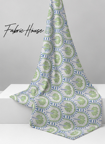 Sage Green Ornamental Circles poly-cotton draped to show fall