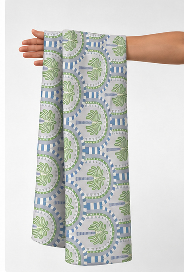 Sage Green Ornamental Circles poly-cotton held in hand for scale
